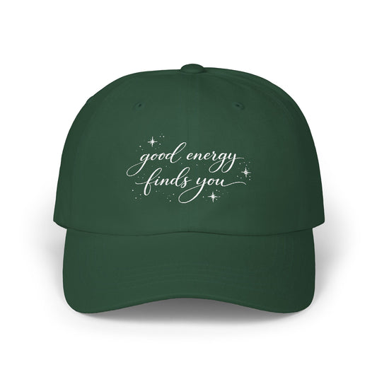 good energy finds you Dad Cap | script lettering, distressed, tan baseball hat