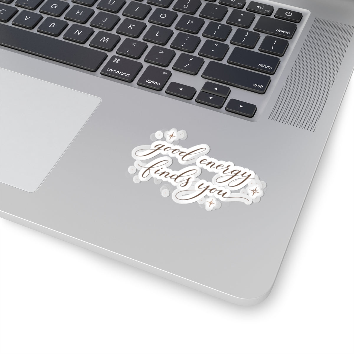 good energy finds you Kiss-Cut Stickers | Script mantra sticker, sparkle accents