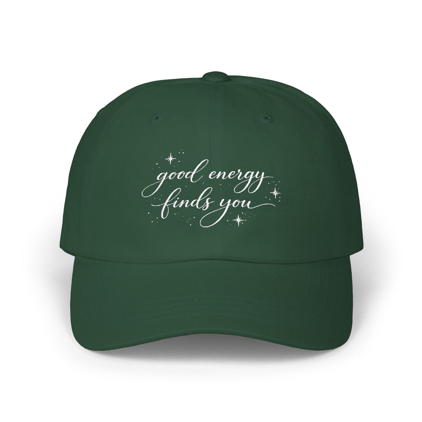 good energy finds you Dad Cap | script lettering, distressed, tan baseball hat