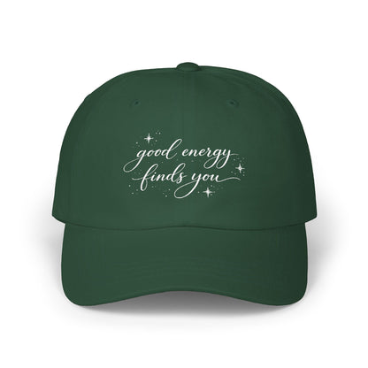 good energy finds you Dad Cap | script lettering, distressed, tan baseball hat