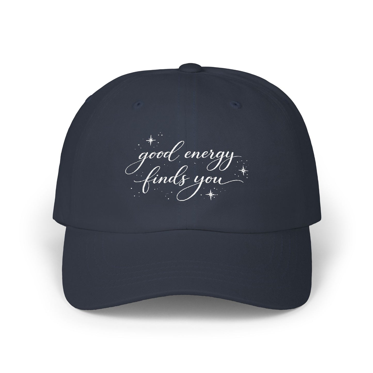 good energy finds you Dad Cap | script lettering, distressed, tan baseball hat