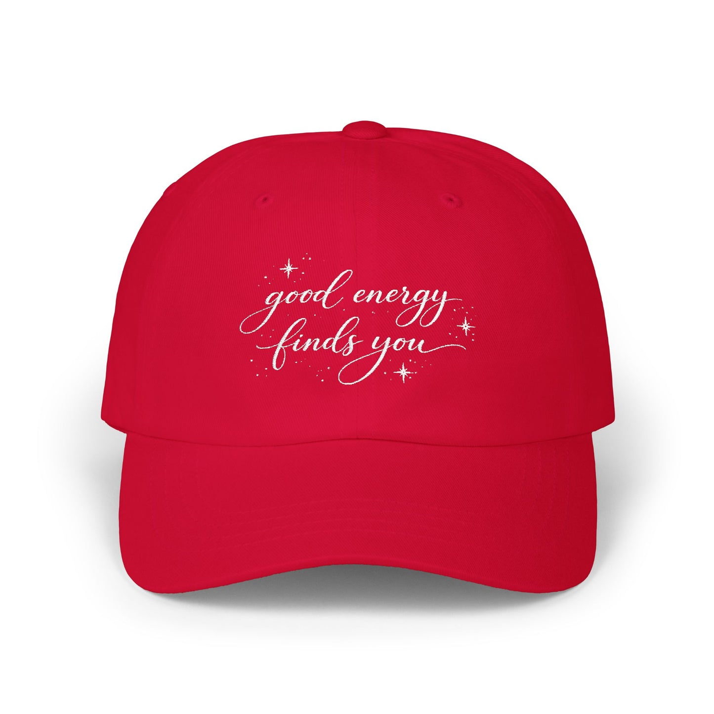 good energy finds you Dad Cap | script lettering, distressed, tan baseball hat