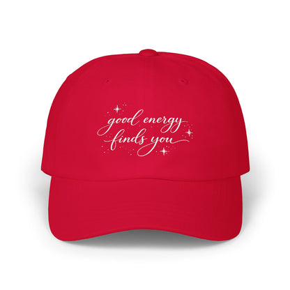 good energy finds you Dad Cap | script lettering, distressed, tan baseball hat