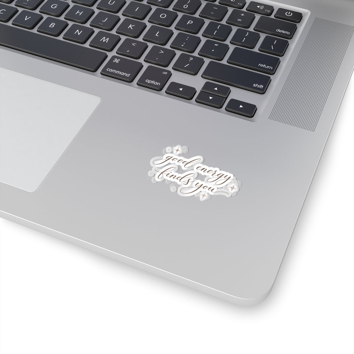 good energy finds you Kiss-Cut Stickers | Script mantra sticker, sparkle accents