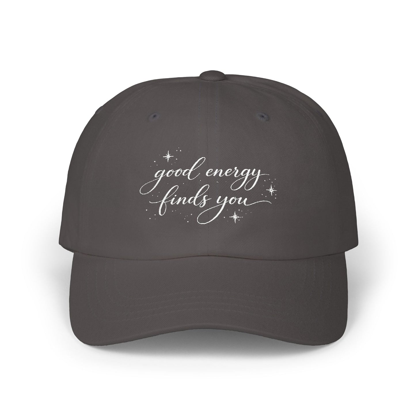 good energy finds you Dad Cap | script lettering, distressed, tan baseball hat