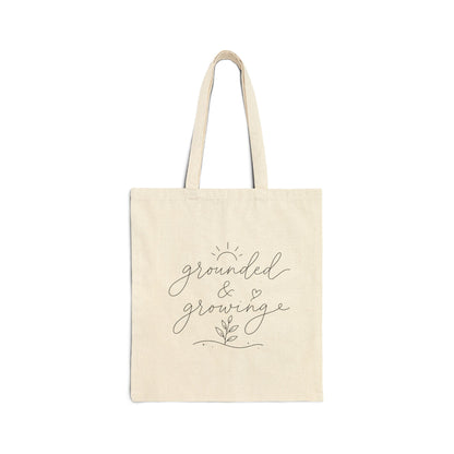 grounded & growing Tote Bag | Linen Canvas, Hand Lettered Botanical Design