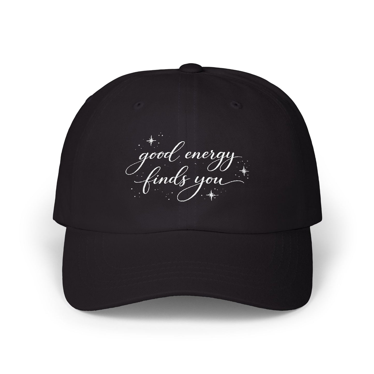 good energy finds you Dad Cap | script lettering, distressed, tan baseball hat