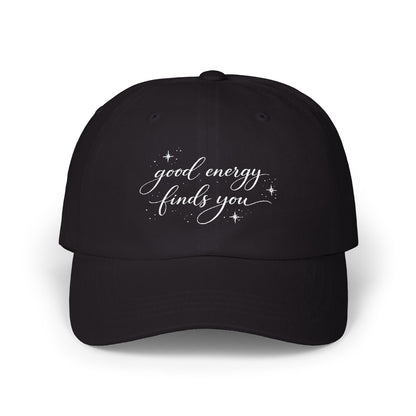 good energy finds you Dad Cap | script lettering, distressed, tan baseball hat